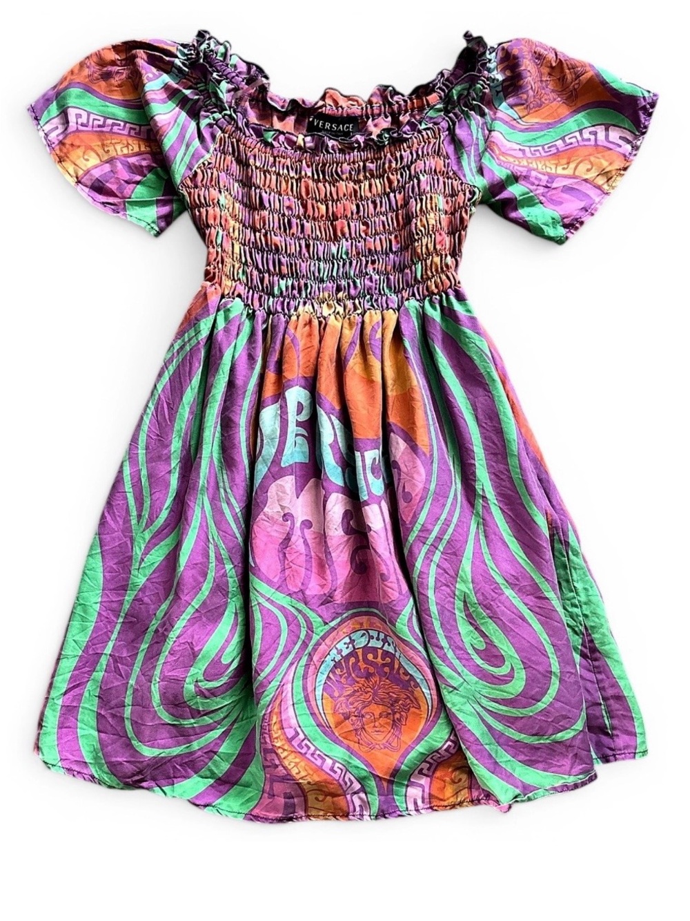 Versace Girls' Purple, Green and Orange Smocked Puff-Sleeve Dress